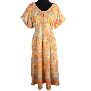 NWT Orange Yellow Watercolor Floral Print Tie-Waist Puff Sleeve Maxi Dress Large
